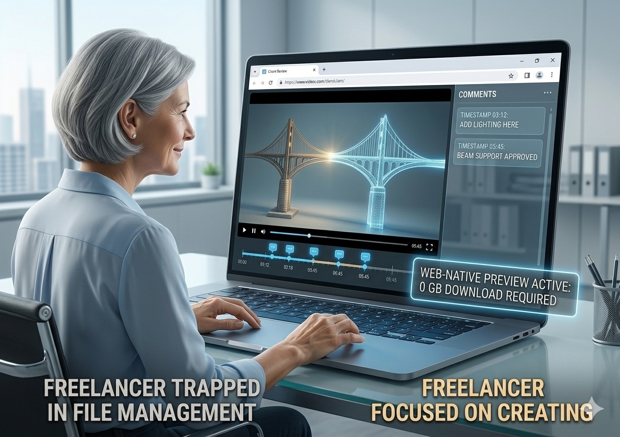 A satisfied corporate client reviewing a video edit draft instantly inside a sleek web browser player on their laptop. In a bright, modern office, a businesswoman reviews an interactive web-native video timeline that features clear annotation markers and a sidebar displaying live client feedback comments. The screen layout features a prominent visual badge reading "Web-Native Preview Active: 0 GB Download Required," emphasizing a frictionless, high-speed project approval process.