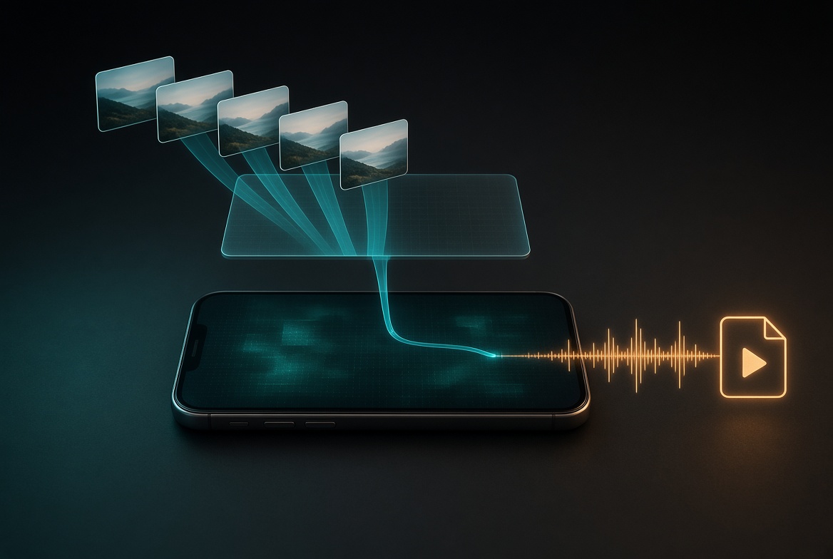 Frames drawn into one shared canvas, captured as a single video track and mixed with audio into one file, all on the phone.