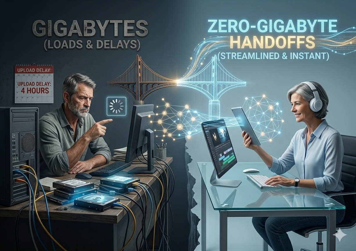 A side-by-side split screen illustrating a fast, web-native video production handoff versus a slow cloud render workflow. On the left side, a digital nomad video editor works seamlessly on a laptop at a cafe, showing a timeline transferring instantly to a client over a web browser with a "0 GB Data Sent" status bar. On the right side, an office desktop monitor shows a frustratingly slow cloud upload loading bar stuck at 15% for a massive multi-gigabyte video export file.