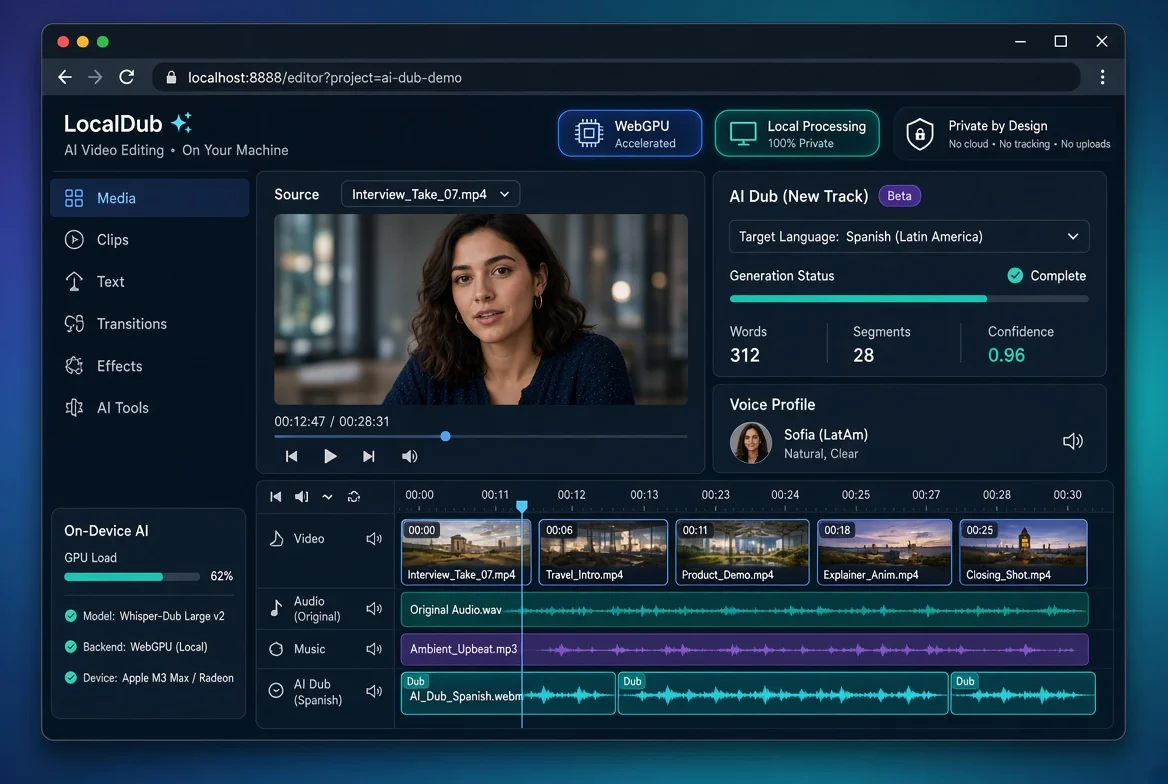 Browser-based video editor showing local AI dubbing on a multi-track timeline with no upload indicators and a privacy lock icon.
