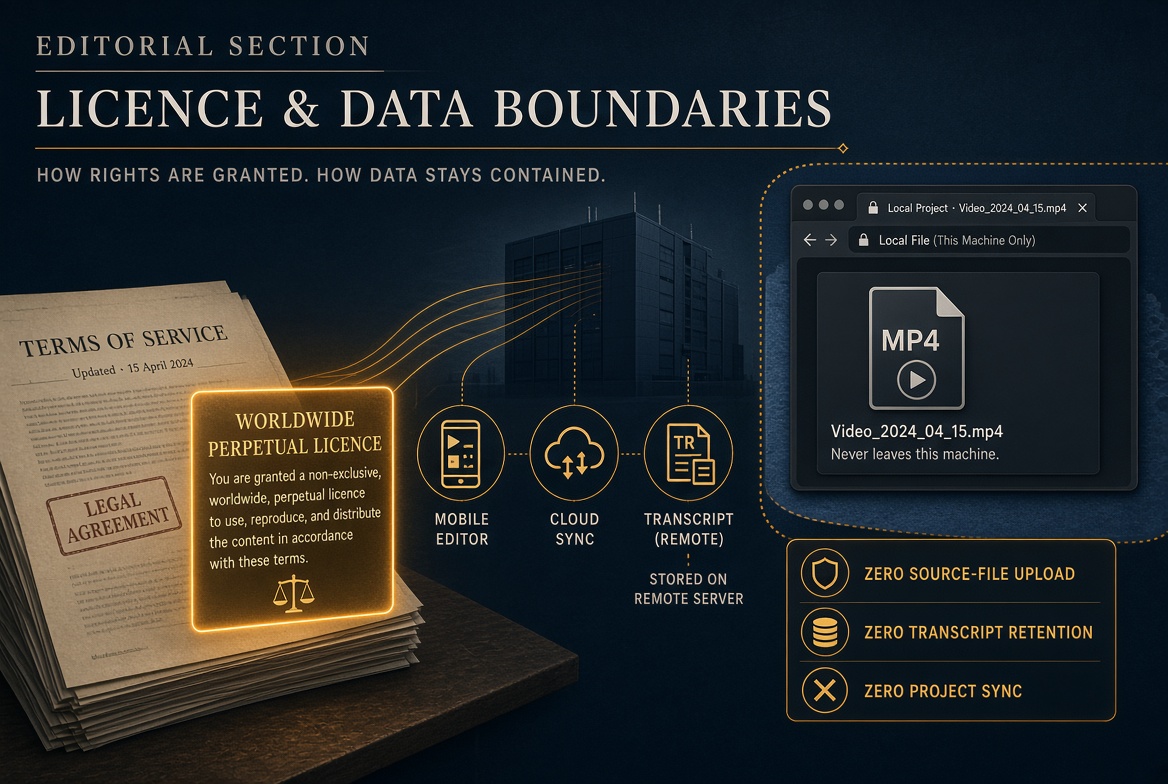 Terms-of-service pages highlighting a worldwide perpetual licence, with icons for mobile editor, cloud sync, and remote transcript storage flowing toward a data center, contrasted with a local MP4 that never leaves the machine and badges for zero upload, zero transcript retention, and zero project sync.