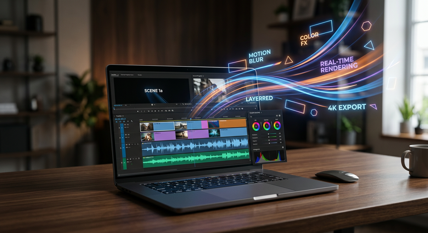 • A laptop showing a browser-based multi-track video editing timeline with stylized digital effects and video timeline tracks visible on screen.