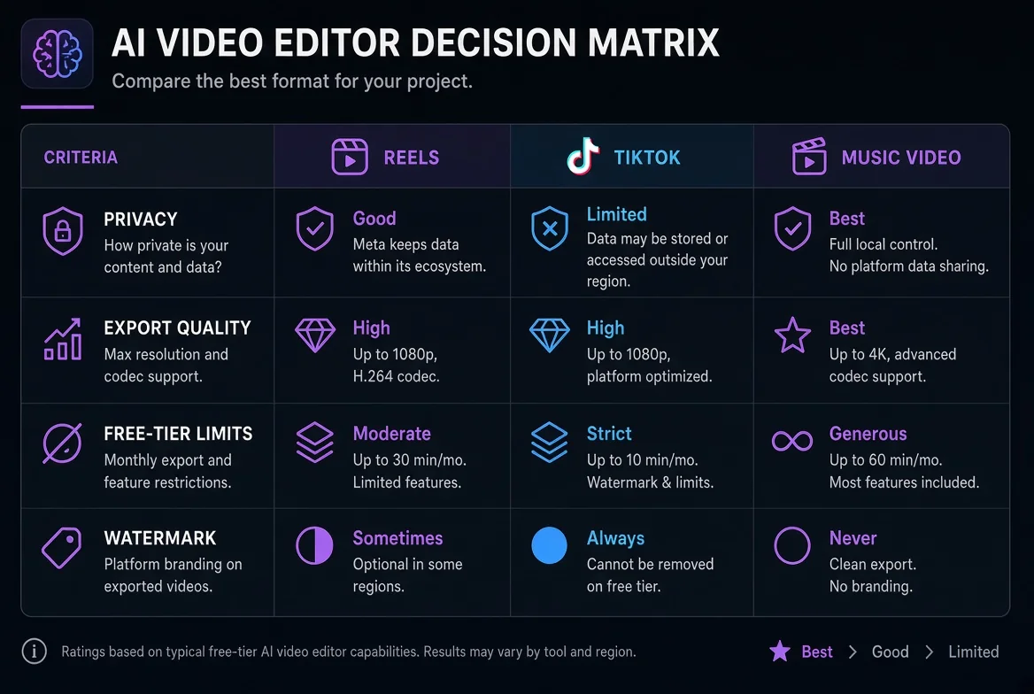 Decision matrix comparing AI video editors for Reels, TikTok, and music videos across privacy, export quality, free-tier limits, and watermarks.