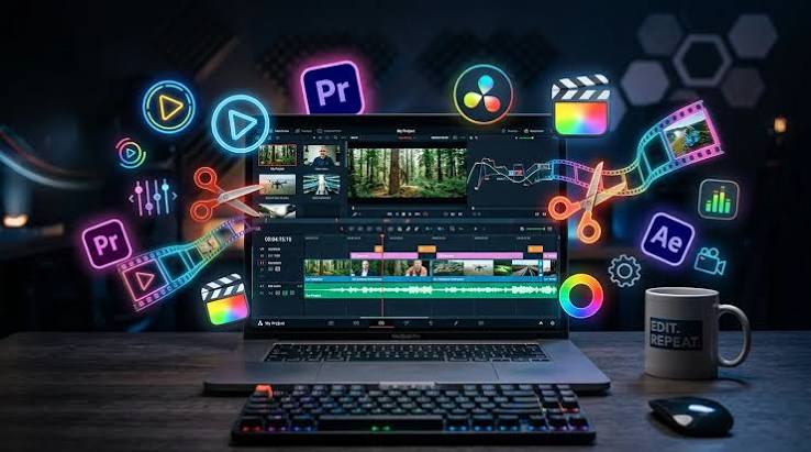 An open laptop on a wooden desk displaying video editing software, surrounded by floating neon 3D icons for creative programs like Premiere Pro, After Effects, and Final Cut Pro. A mechanical keyboard, mouse, and a mug that reads 'EDIT. REPEAT.' sit on the desk in a dark room.