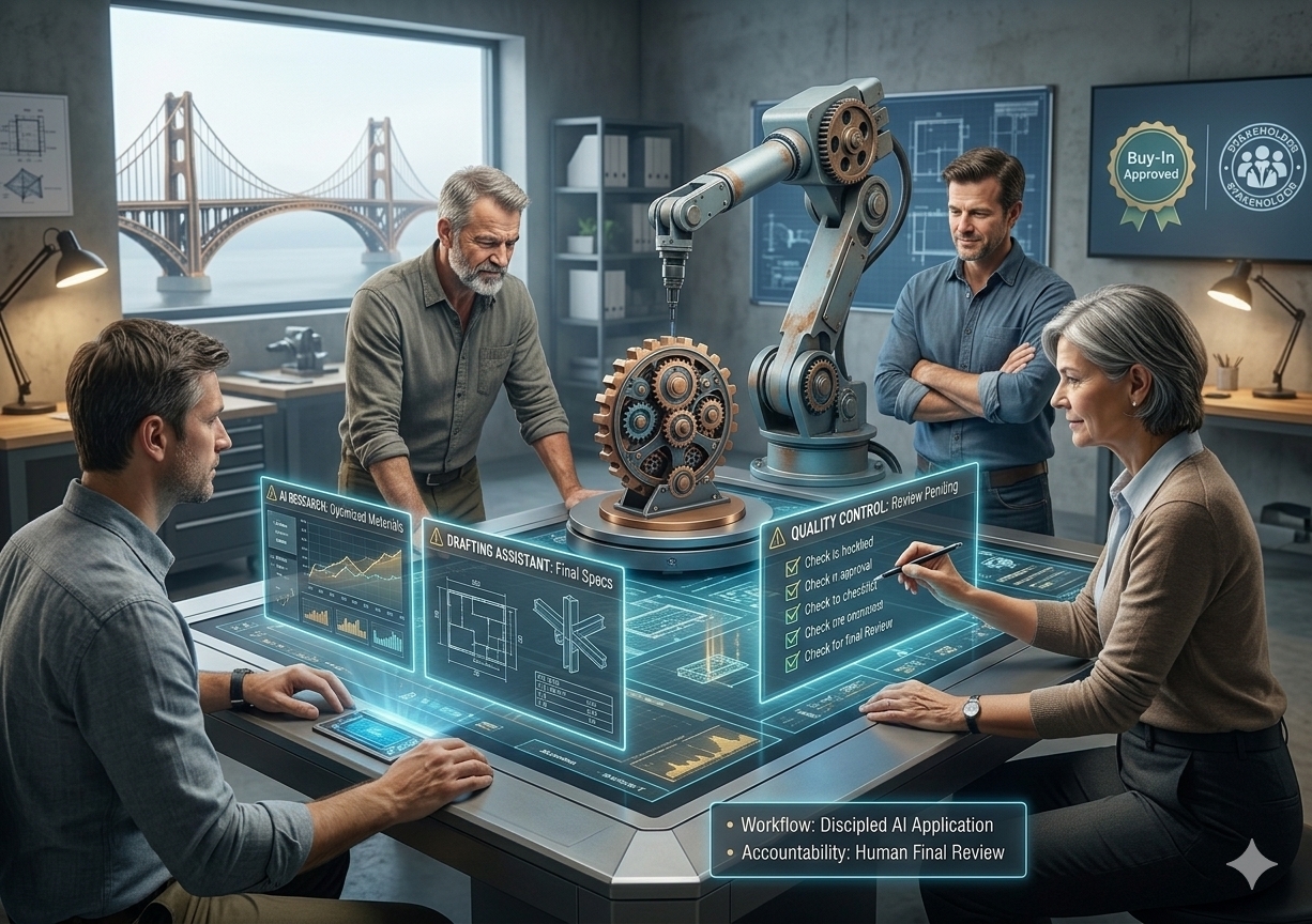  A collaborative workplace scene showcasing a professional team successfully integrating AI as a support tool with human oversight. In a modern, bright office workshop, a diverse team of traditional stakeholders and younger engineers look at a clean holographic interface that reads "Workflow Validation: Approved." A collaborative robotic arm assists neatly in the background by precisely arranging structural components, while an experienced project manager smiles and gestures toward a tablet, showing complete alignment, accountability, and unified buy-in.