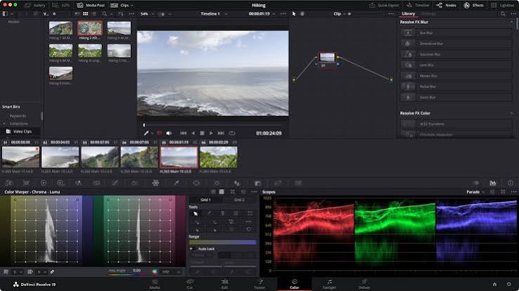 A dark-themed professional video editing interface showcasing a highly complex, multi-layered multitrack timeline with stacked audio and video clips, color-coded markers, synchronized waveforms, and various media editing control panels.