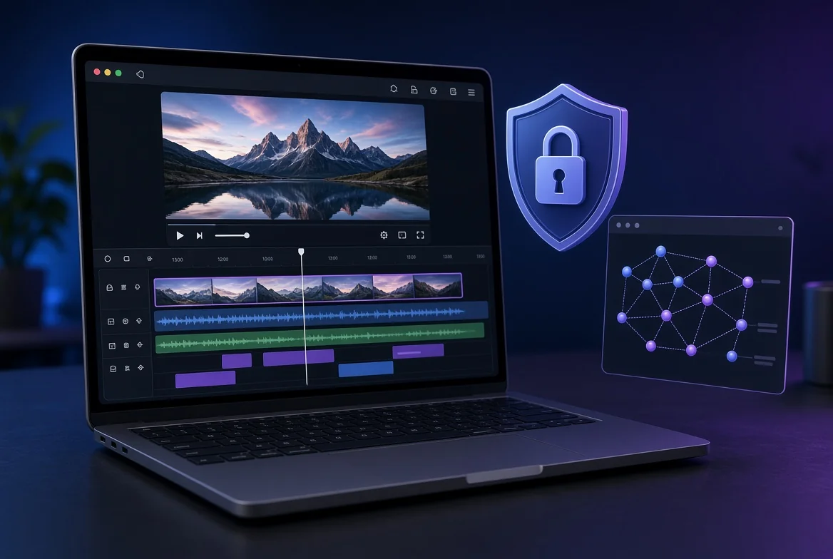Laptop displaying a browser-based AI video editor timeline next to a privacy shield and a DevTools network graph showing zero outbound video data.