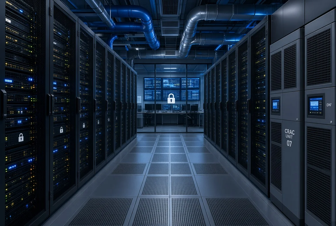 Modern data center featuring rows of servers and advanced cooling systems, representing the importance of data storage, processing, and the need for robust data privacy practices.