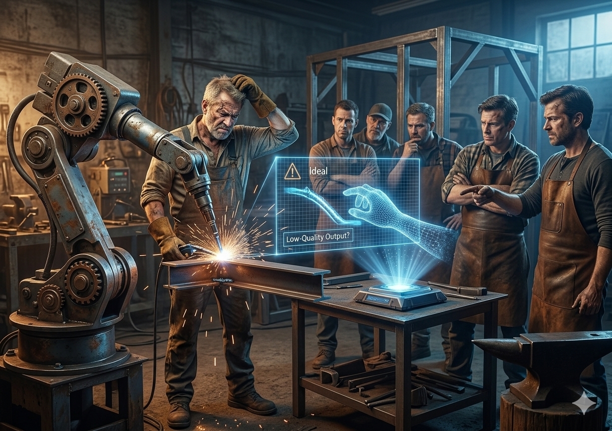 A group of traditional construction workers and craftsmen skeptically examining an automated robotic arm welding a steel beam in a workshop. One builder scratches his head in confusion, while others watch with crossed arms and doubtful expressions. A glowing blue holographic screen projects a diagnostic interface displaying the text "Low-Quality Output?" next to the weld site.
