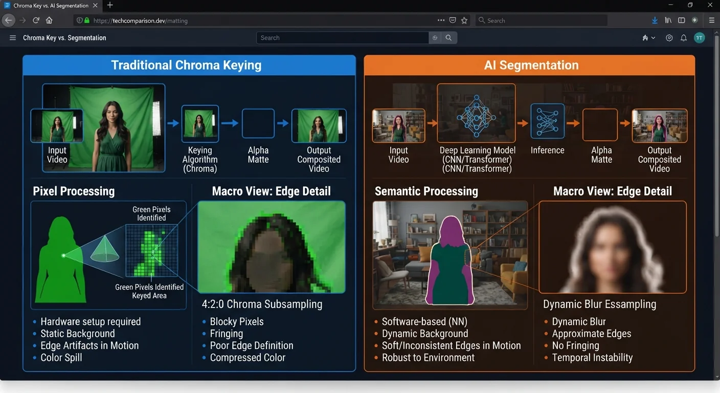 Technical infographic comparing Chroma Keying versus AI Segmentation side-by-side inside a dark-themed web browser interface. The Chroma Key panel displays video processing on a green screen frame, visually mapping pixel color matching alongside a macro view of compressed hair edges showing blocky green fringing caused by chroma subsampling. The AI Segmentation panel presents frame-by-frame alpha matte estimation around a person in a busy room, detailing edge flickering and softer, approximate selections around fast motion paths