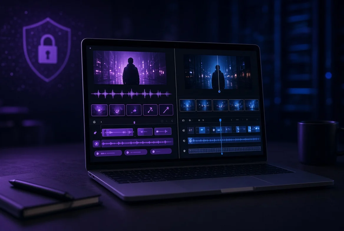 Laptop showing a split AI video editor view with automatic captions and beat markers on one side and precise manual timeline controls on the other.