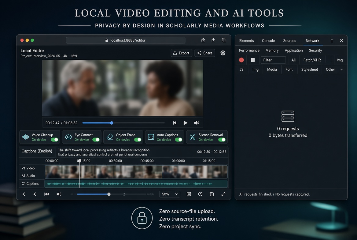 Localhost video editor with on-device AI tools (voice cleanup, eye contact, object erase, auto captions, silence removal) beside a DevTools Network panel reading “0 requests, 0 bytes transferred,” and the claim: zero source-file upload, zero transcript retention, zero project sync.