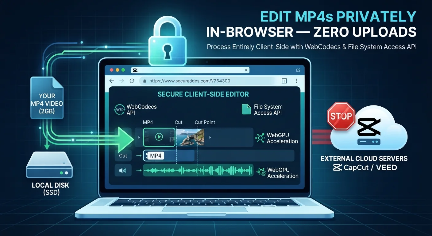 An infographic showing a laptop editing an MP4 video locally inside a secure web browser tab using WebCodecs. Green arrows show data moving directly from an SSD local disk to the timeline, while a red stop sign blocks data transfer to external cloud servers, emphasizing zero uploads and complete privacy.
