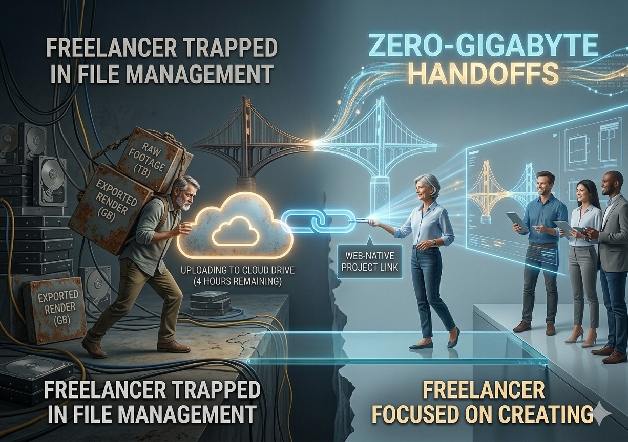 An inline graphic showing a video production client and a freelance editor sitting together, reviewing an immediate project handoff inside a web browser. The interface highlights a glowing checkmark badge labeled "Zero-Gigabyte Handoff Approved," while data pipelines display real-time rendering statistics that read "Media Transfer: 0 GB – Local Browser Acceleration Active." The client expresses visible satisfaction with the instant playback speed, highlighting the death of slow rendering and file transfer friction.