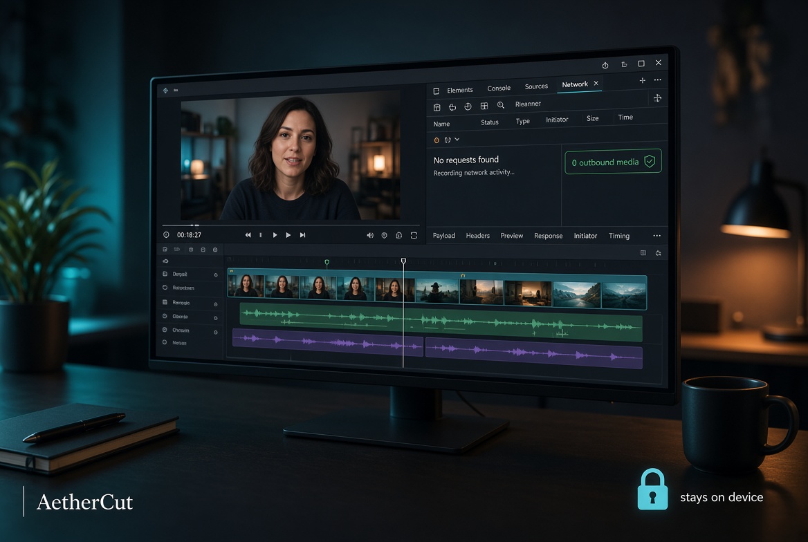 AetherCut privacy-first video editor on a desktop with a multi-track timeline and Chrome DevTools showing zero outbound media requests