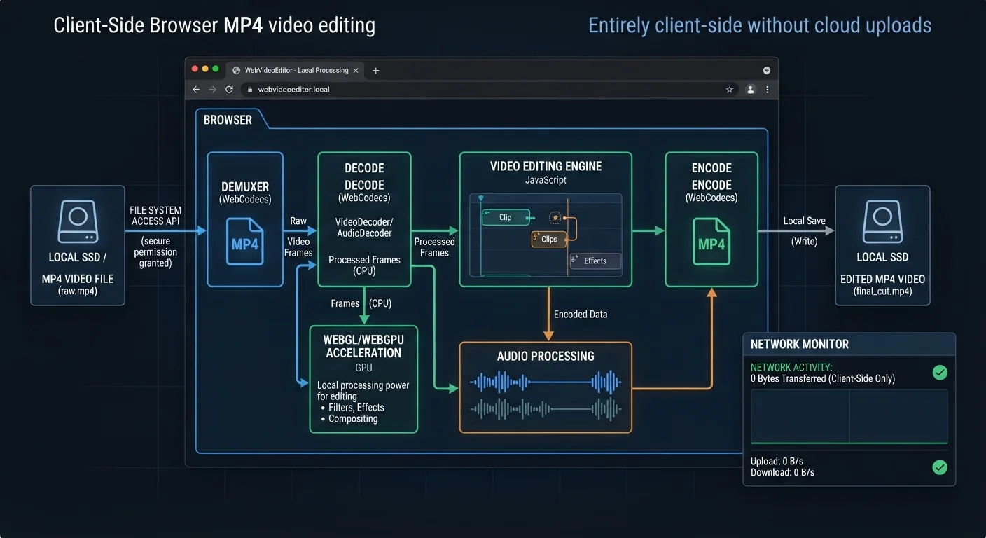 A technical pipeline diagram illustrating how a web browser edits an MP4 video entirely client-side without cloud uploads. The dark-themed blueprint flows from left to right: first, the File System Access API securely opens a local video file from an SSD; next, a web browser tab processes the video using WebCodecs to decode frames and WebGPU for local acceleration; finally, the finished file is saved straight back to local storage with a network monitor explicitly showing zero bytes transferred.