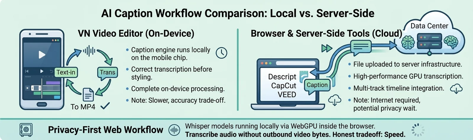 A flat-design comparison infographic titled "Auto Captions: VN vs. Cloud vs. Local Browser." The image uses a clean, light blue theme and is split into three columns detailing the data pipeline for transcription workflows. The first column highlights "Mobile On-Device (VN)" with a smartphone icon, explaining that captions generate offline with a manual editing checklist before burn-in. The second column shows "Cloud Processing" with a cloud icon representing platforms like CapCut, Descript, and VEED, noting that media leaves the device for processing on remote servers. The third column spotlights "Privacy-First Local Browser" with a laptop displaying a lock icon and a "Zero Outbound Bytes" network badge, indicating that open-source Whisper models run locally in the browser utilizing WebGPU hardware acceleration.