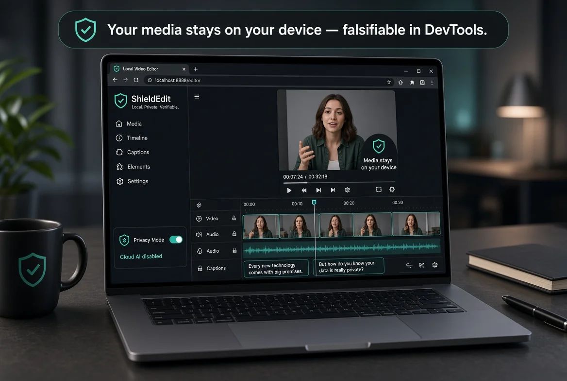 Laptop screen showing a privacy-first video editor with Privacy Mode enabled, confirming media never leaves the device and can be verified in DevTools.