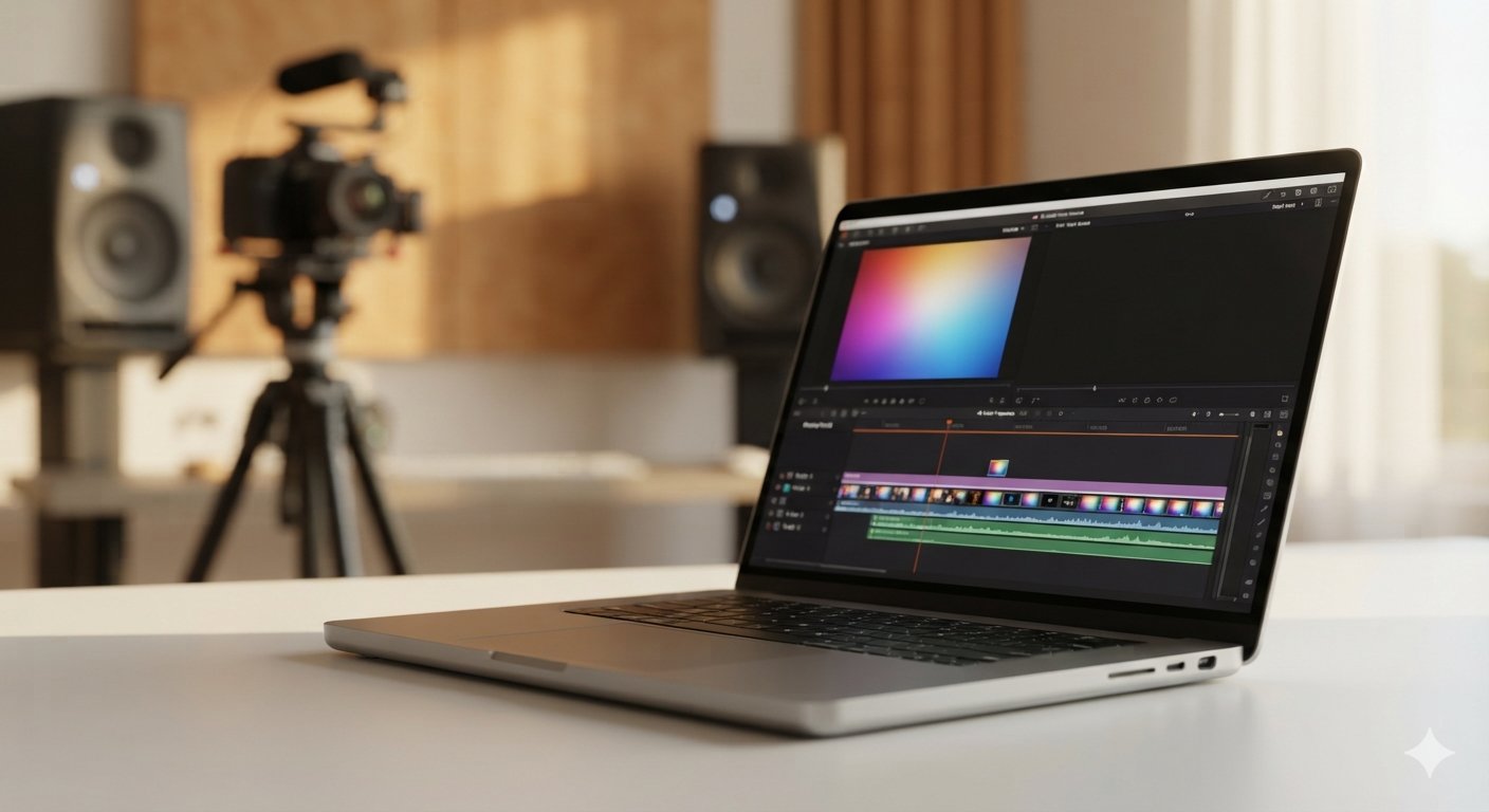 A black Chromebook laptop open on a clean surface, displaying a web-based video editing timeline on its screen. The software interface shows a media preview window with a woman smiling, multiple video tracks arranged horizontally across the bottom timeline, and editing control panels along the side