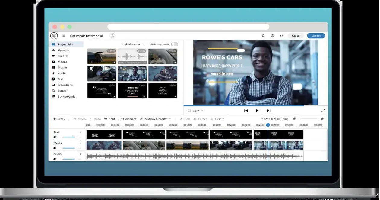 Browser-based video editor running locally on a laptop.