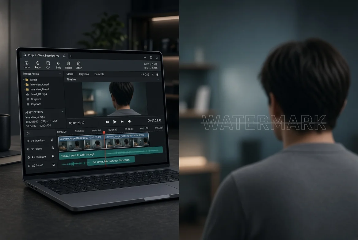 Browser video editor timeline on a laptop with a clean no-watermark export; footage stays local, no upload.