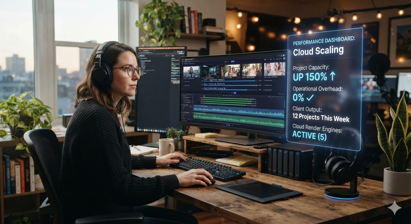 A professional freelance video editor sits at a wooden desk in a cozy, well-lit studio workspace, looking focused as she monitors multiple client video timelines rendering simultaneously on a wide desktop screen. She wears glasses and large over-ear headphones, with her hand on a computer mouse.Next to the monitor, a clean, glowing blue holographic overlay displays a "Performance Dashboard: Cloud Scaling." 
