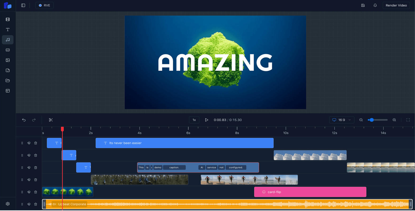 Modern in-browser video editor timeline with clips, audio, and effects — no cloud upload required.