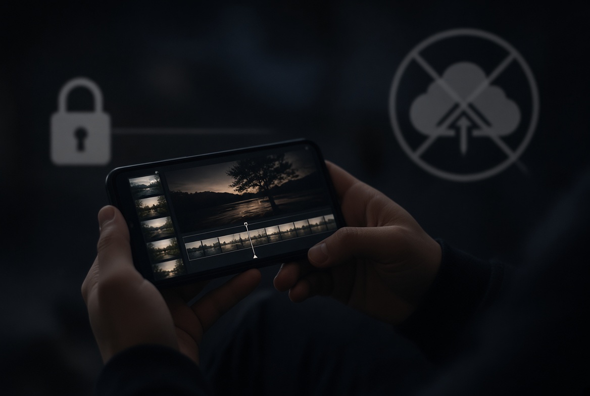 Footage staying on the phone while a long timeline is stitched locally, with no upload and a flat memory budget.