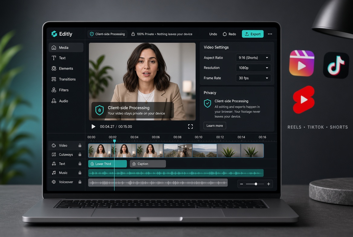 Privacy-focused browser video editor with a 9:16 social media timeline, client-side processing lock, and icons for Instagram Reels, TikTok, and YouTube Shorts.