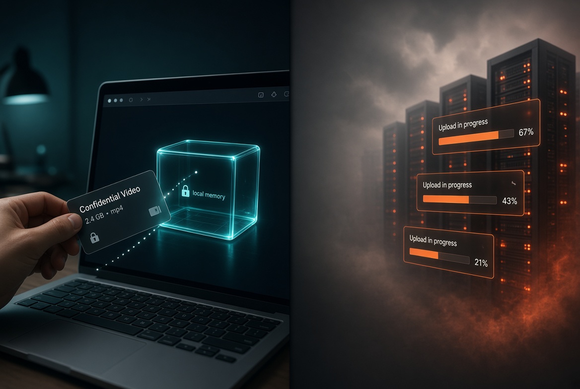 Confidential video file staying in local browser memory versus cloud video editors uploading footage to remote servers