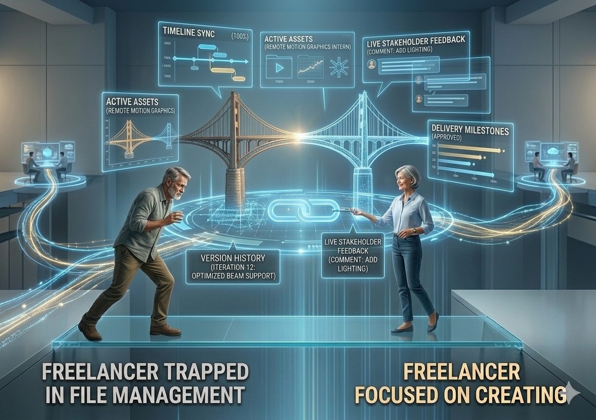 A conceptual diagram showcasing an integrated, browser-based collaborative video workspace replacing outdated production methods. On the left side of a digital canvas, faded elements represent isolated individual workflows, showing a motion designer and an audio editor manually rendering large local files. On the right side, bright, interconnected paths merge into a central, web-native interface displaying active timelines, live client comments, and a unified version control panel that updates seamlessly for everyone in real time.