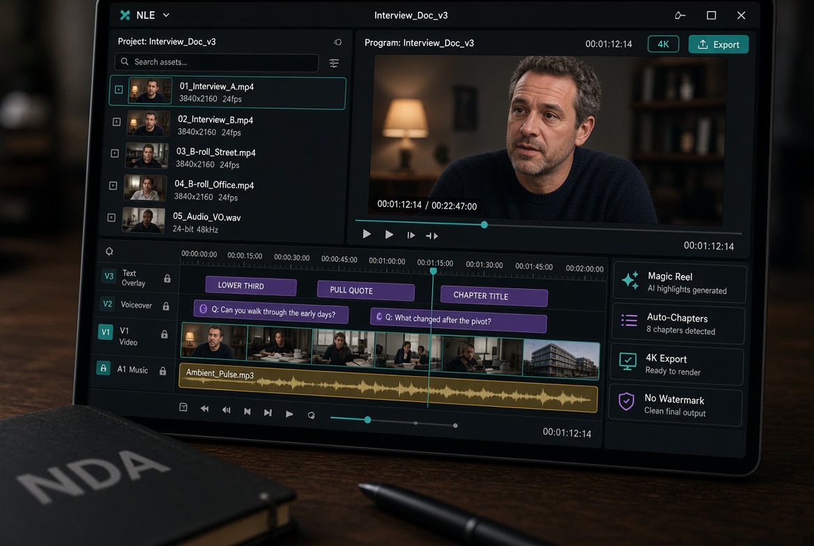 Browser NLE timeline in AetherCut with filmstrips, voiceover and music tracks, 4K export and no-watermark controls beside an NDA notebook