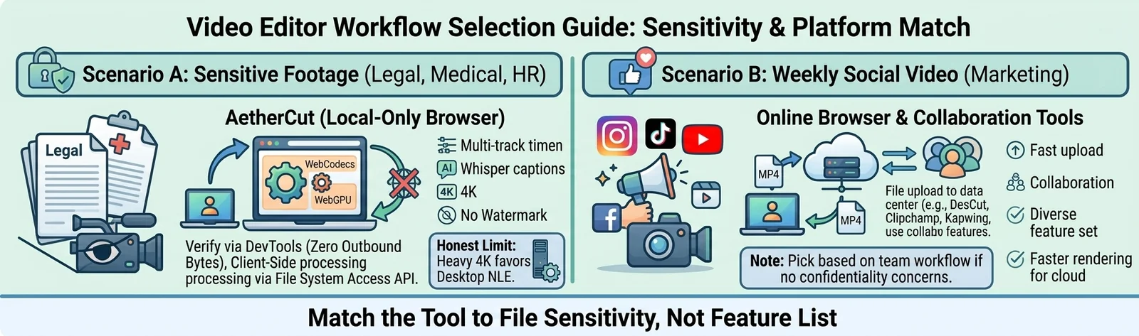 A professional, light-teal and blue comparison infographic titled "Choosing Your MP4 Video Editing Workflow." The graphic features two side-by-side columns structured to guide users based on content sensitivity and team needs.