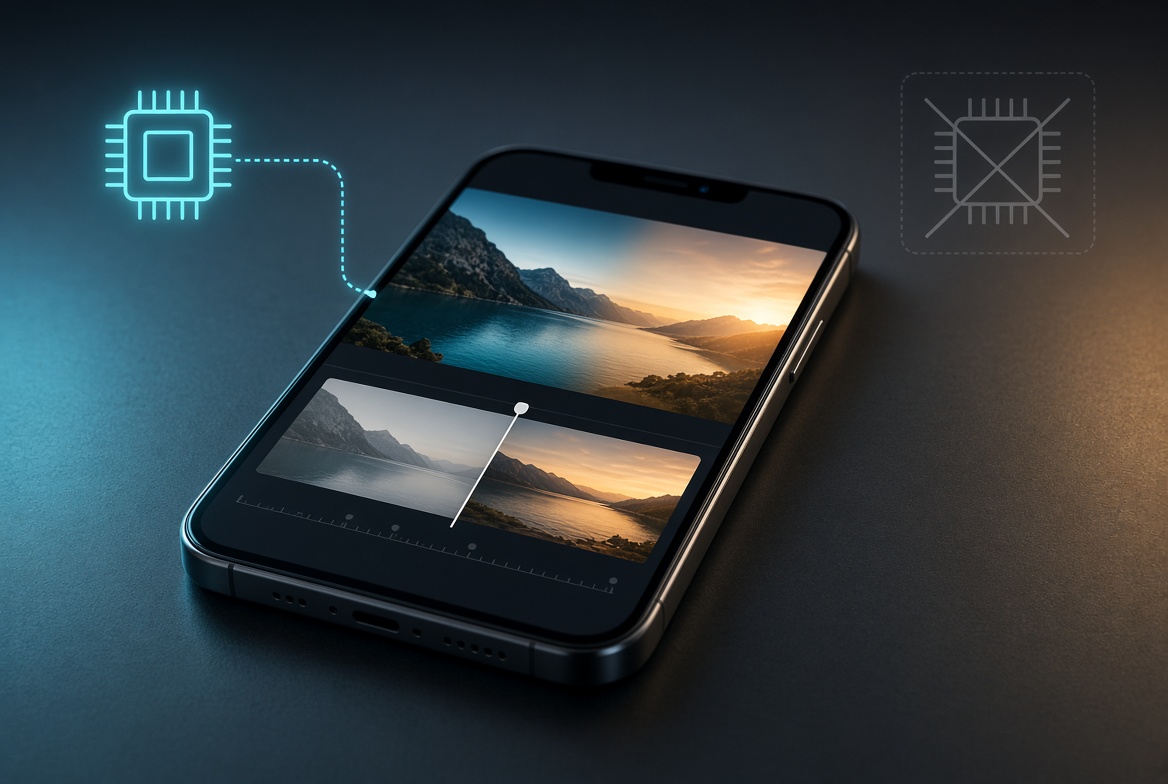 AetherCut renders HD transitions on a phone with one live decoder and a frozen frame. No second decoder, no upload — the whole stitch stays in the browser.