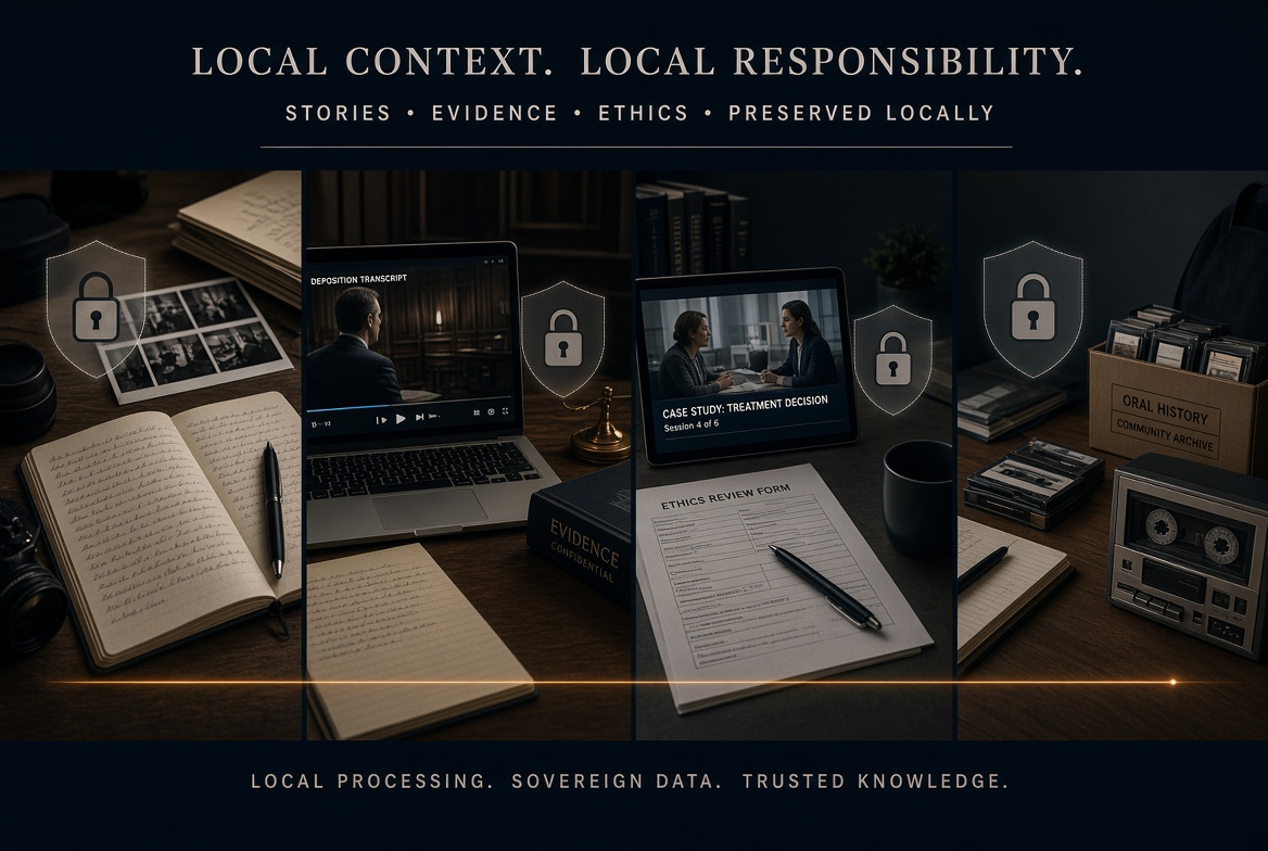 Four-panel still life of journalism photos and notes, a deposition video, a medical case-study review with an ethics form, and an oral-history archive of tapes—each marked with a privacy lock, under the line “local processing, sovereign data.”