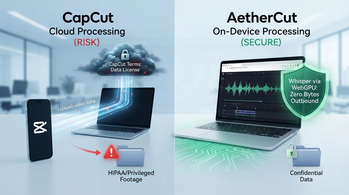 A split-screen technical graphic demonstrating data security during video transcription. The left side ("On-Device Captioning") showcases a laptop screen converting audio tracks directly into text captions locally behind a green security shield labeled "0 Bytes Outbound." The right side ("Cloud Transcription") illustrates a device uploading audio files across data lines into a remote cloud server network, highlighting how conventional browser editors expose data during the captioning process.