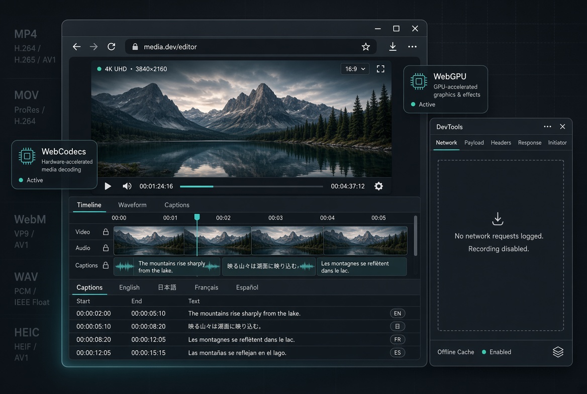 Browser-based 4K video editor using WebCodecs and WebGPU, with a timeline, multilingual captions, and an empty DevTools Network tab that shows no requests. Supported formats listed along the edge; offline cache enabled.