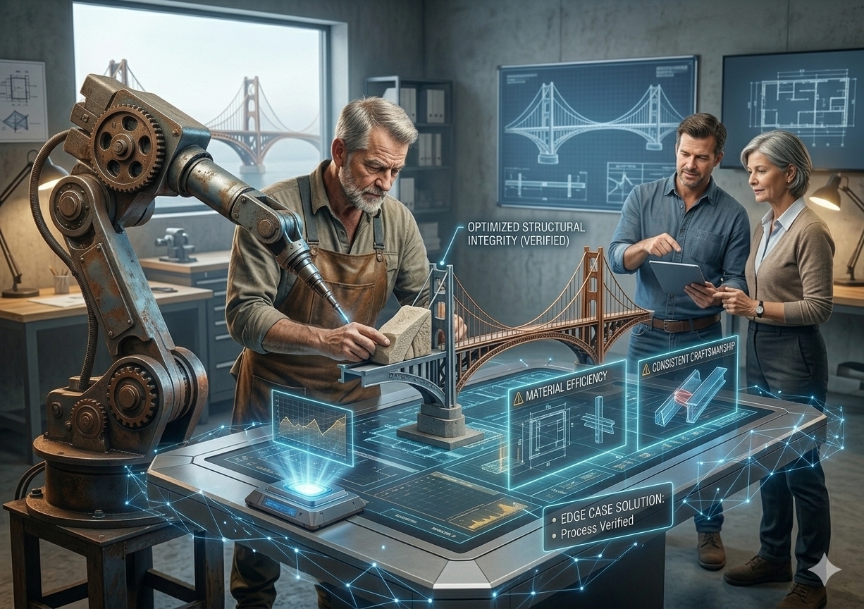 An experienced builder wearing a hard hat working harmoniously alongside an integrated AI assistant program on a construction site. The professional stands in a bright, active building environment confidently using a tablet to streamline project logistics and timeline efficiency. Right next to him, a clear holographic overlay displays real-world metrics labeled "Efficiency Gain," "Process Consistency," and "High-Value Focus," visually proving the value of artificial intelligence when applied with professional discipline.