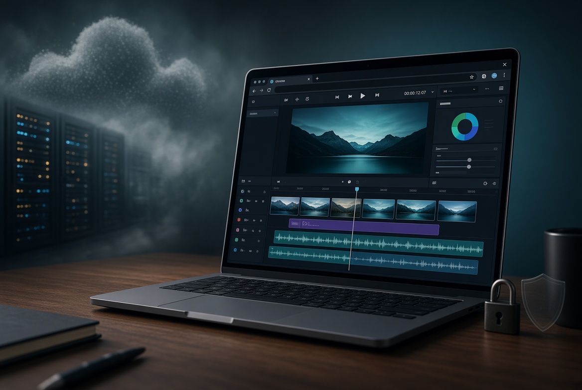 Laptop on a desk showing a dark-mode browser video editor with a timeline, waveforms, and preview, while faded cloud servers dissolve in the background and a lock sits beside the computer.