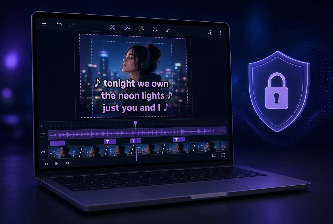 Laptop showing a vertical TikTok-style AI video editor preview with karaoke captions, safe zone overlays, and short cut markers on the timeline.
