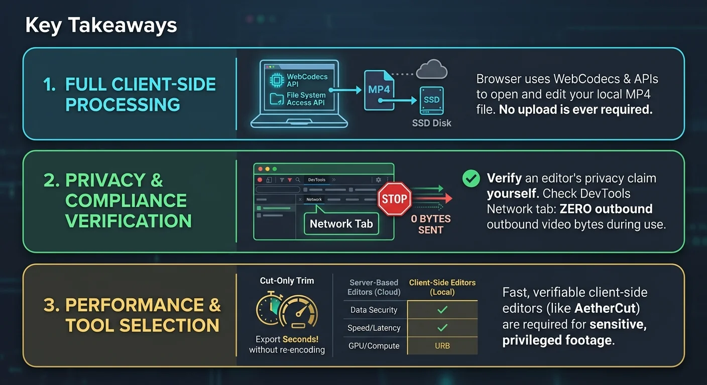 A dark themed infographic layout presenting a checklist titled "Key Takeaways." Three illuminated checkmark bullet points emphasize local client-side processing using WebCodecs and the File System Access API. Surrounding design elements feature a stylized local hard drive, a secure web browser frame showing a video track timeline, and a miniature network graph demonstrating zero data uploads to external cloud servers.