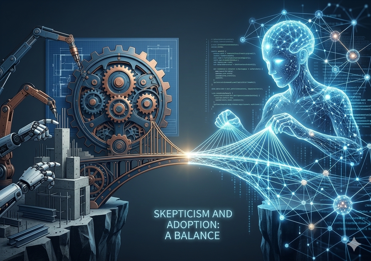 Abstract digital illustration depicting the balance between traditional engineering and artificial intelligence. The left side shows mechanical gears, robotic arms, and a blueprint of a building structure. The right side features a glowing blue, wireframe AI humanoid figure connected to data networks, with a bridge spanning the gap between them over a deep chasm.