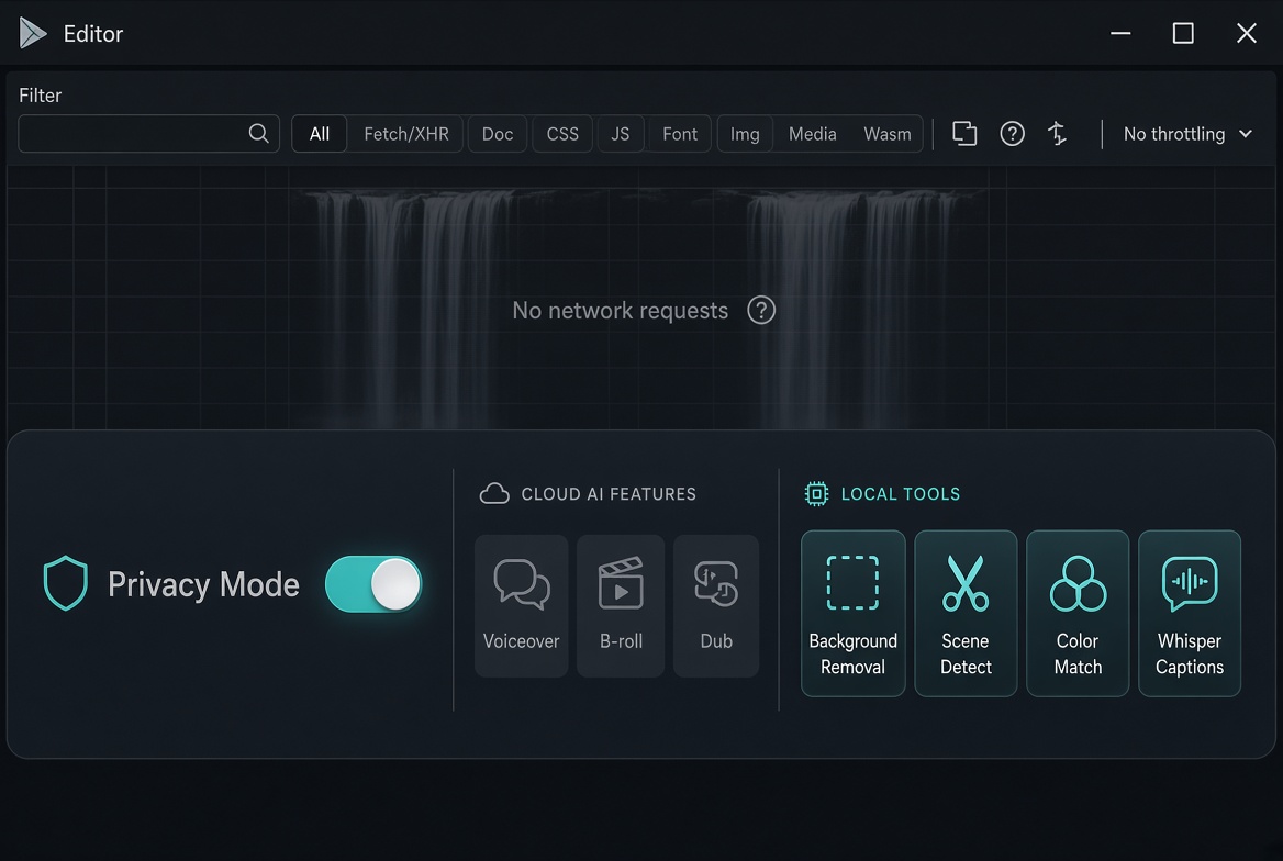 AetherCut Privacy Mode toggle enabled, cloud AI tools disabled, local tools like captions and background removal still active