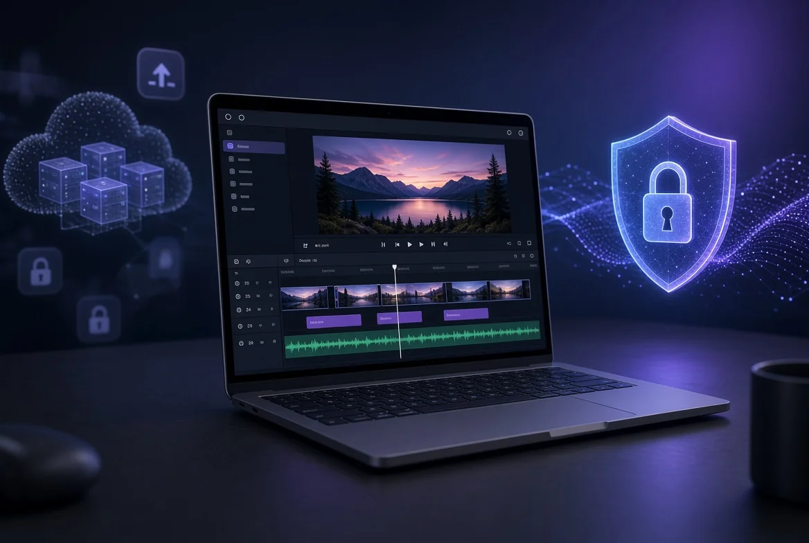 Laptop screen displays a browser-based AI video editor timeline with captions and waveform; translucent cloud upload icons appear on the left while a privacy shield and local processing effects highlight client-side editing on the right.