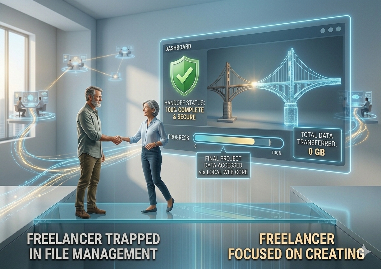 A professional freelance video editor successfully presenting an immediate, browser-based project workspace to an executive client. In a sleek, well-lit modern post-production studio, a creative professional gestures toward a tablet displaying a clean user dashboard. The dashboard screen features a successful delivery checkmark labeled "Handoff Status: 100% Processed" and an interface reading "Data Packages Transferred: 0 GB via Local Web Core," symbolizing operational efficiency, premium freelance client delivery, and long-term business trust.