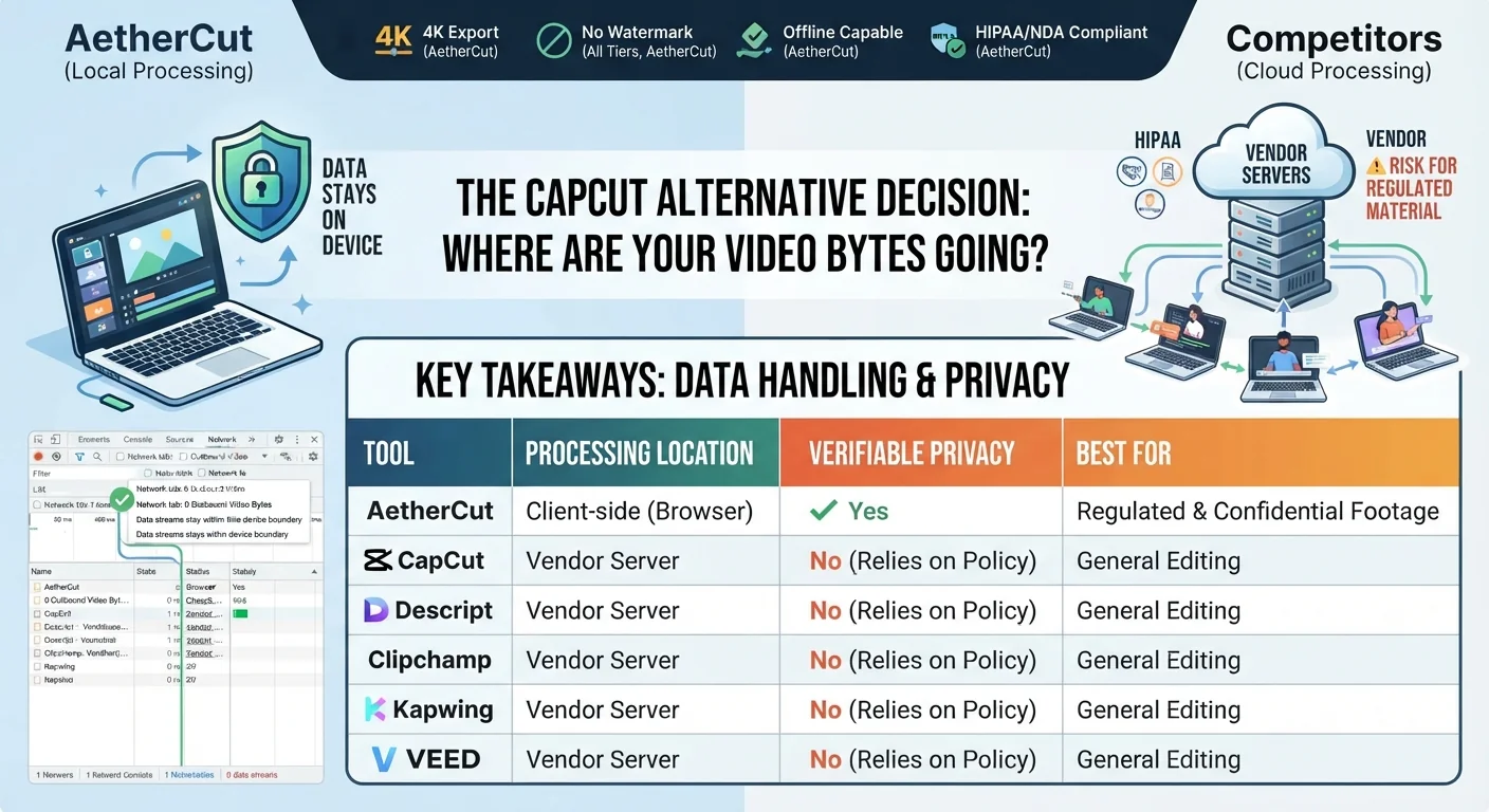 A sleek and professional website hero banner for AetherCut, a secure browser-based video editor. The graphic features a modern web browser window showing a clean, intuitive video editing workspace with multi-track timelines and a media player. Angled beside the workspace is a stylized representation of the browser's Developer Tools Network Tab, clearly displaying a "0 bytes transferred" readout accompanied by a glowing green security shield. The entire composition rests against a sophisticated dark-mode background with faint, abstract digital grid lines, perfectly capturing the theme of local, client-side data privacy for regulated industries.