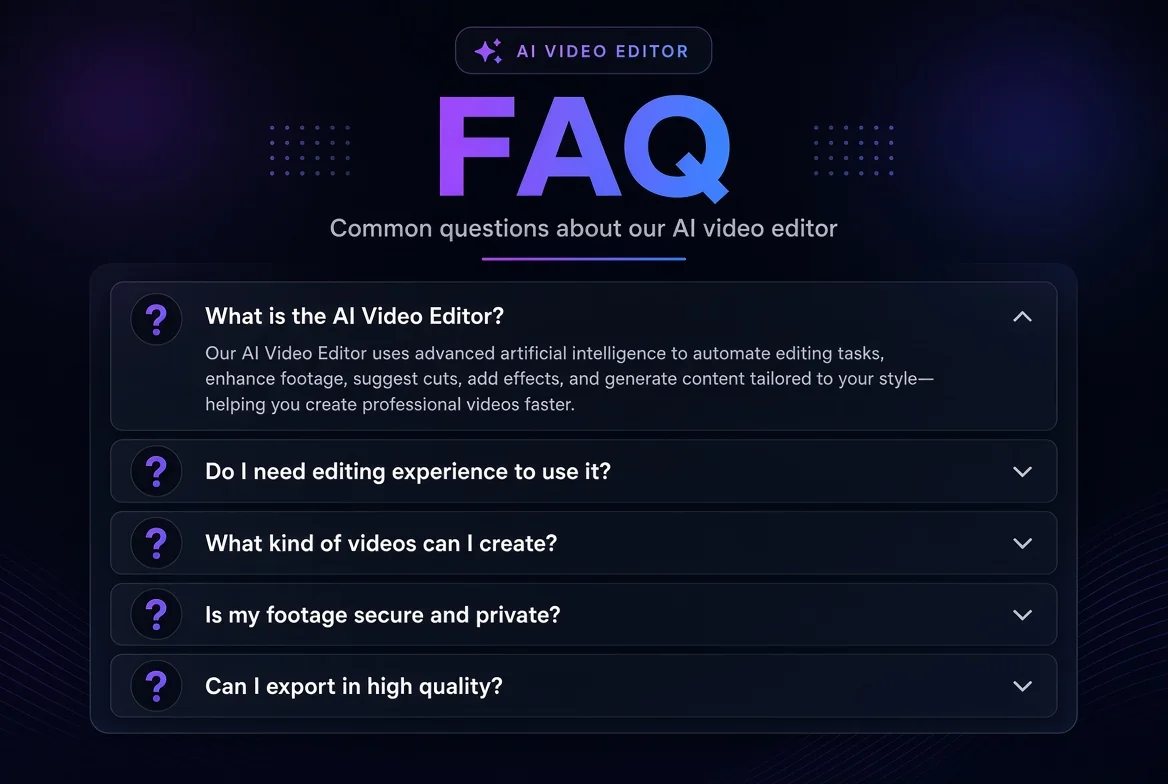 FAQ graphic for an AI video editor comparison article with common questions about reels, TikTok, privacy, watermarks, and confidential footage.