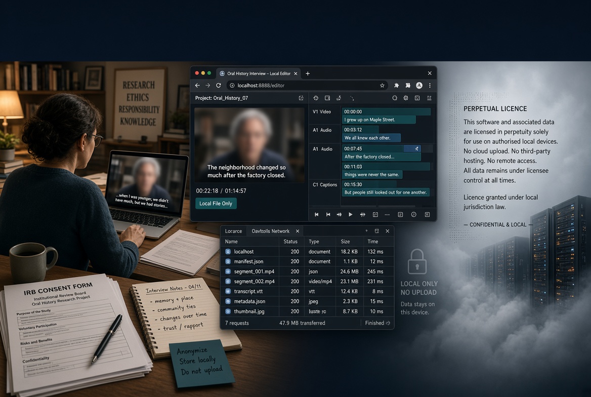Academic researcher at a desk with IRB consent forms and interview notes, working in a local browser video editor on oral-history footage while a distant cloud data center and “perpetual licence” text appear on the right. Network panel shows only local files.